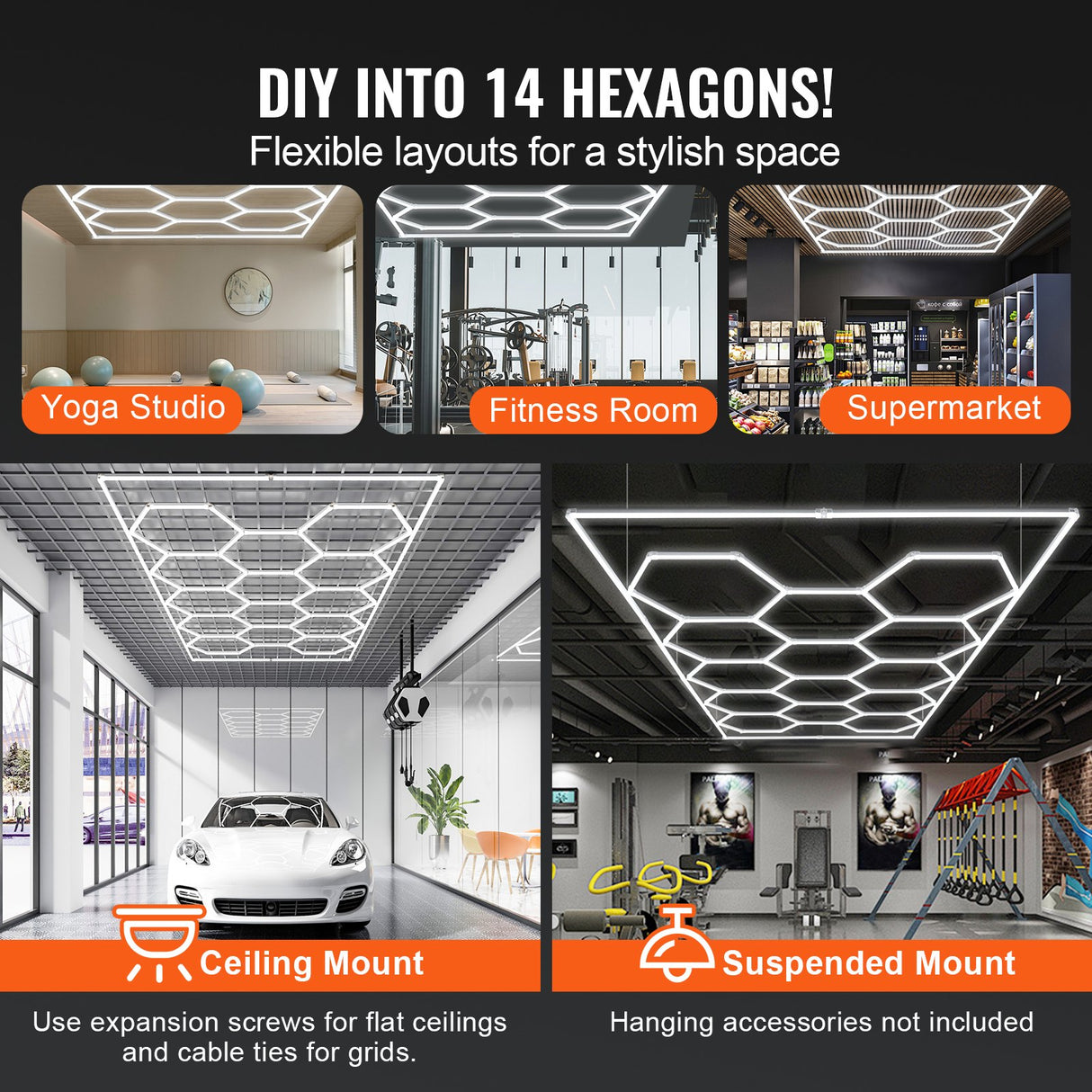 Hexagon Garage Lights 86400LM 5 Grid Honeycomb LED Shop Ceiling Light