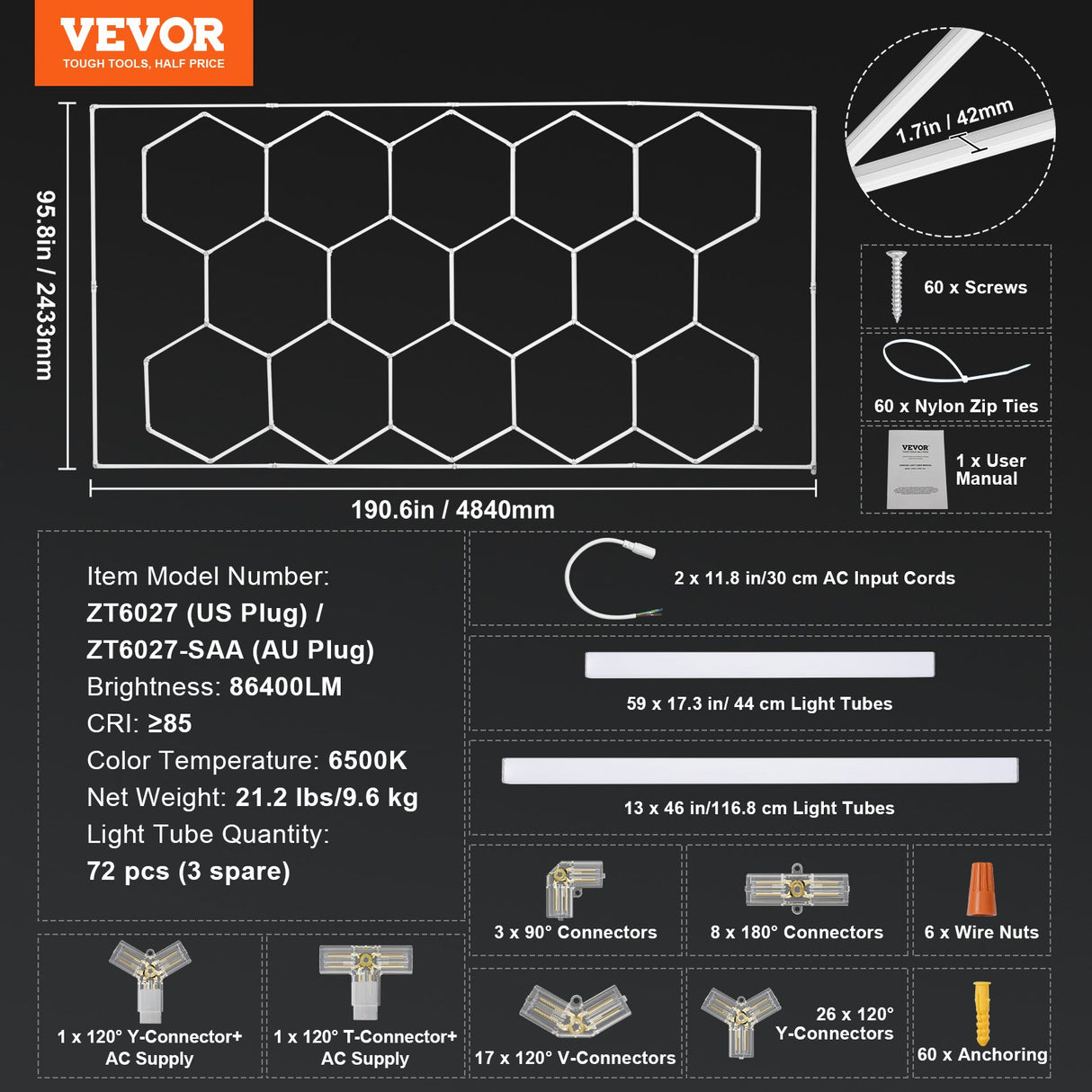 Hexagon Garage Lights 86400LM 5 Grid Honeycomb LED Shop Ceiling Light