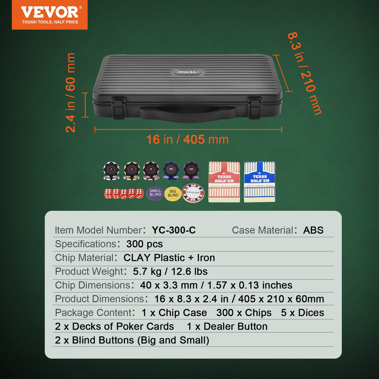 VEVOR Poker Chip Set, 300-Piece Poker Set, Complete Poker Playing Game Set with Carrying Case, Heavyweight 14 Gram Casino Clay Chips, Cards, Buttons