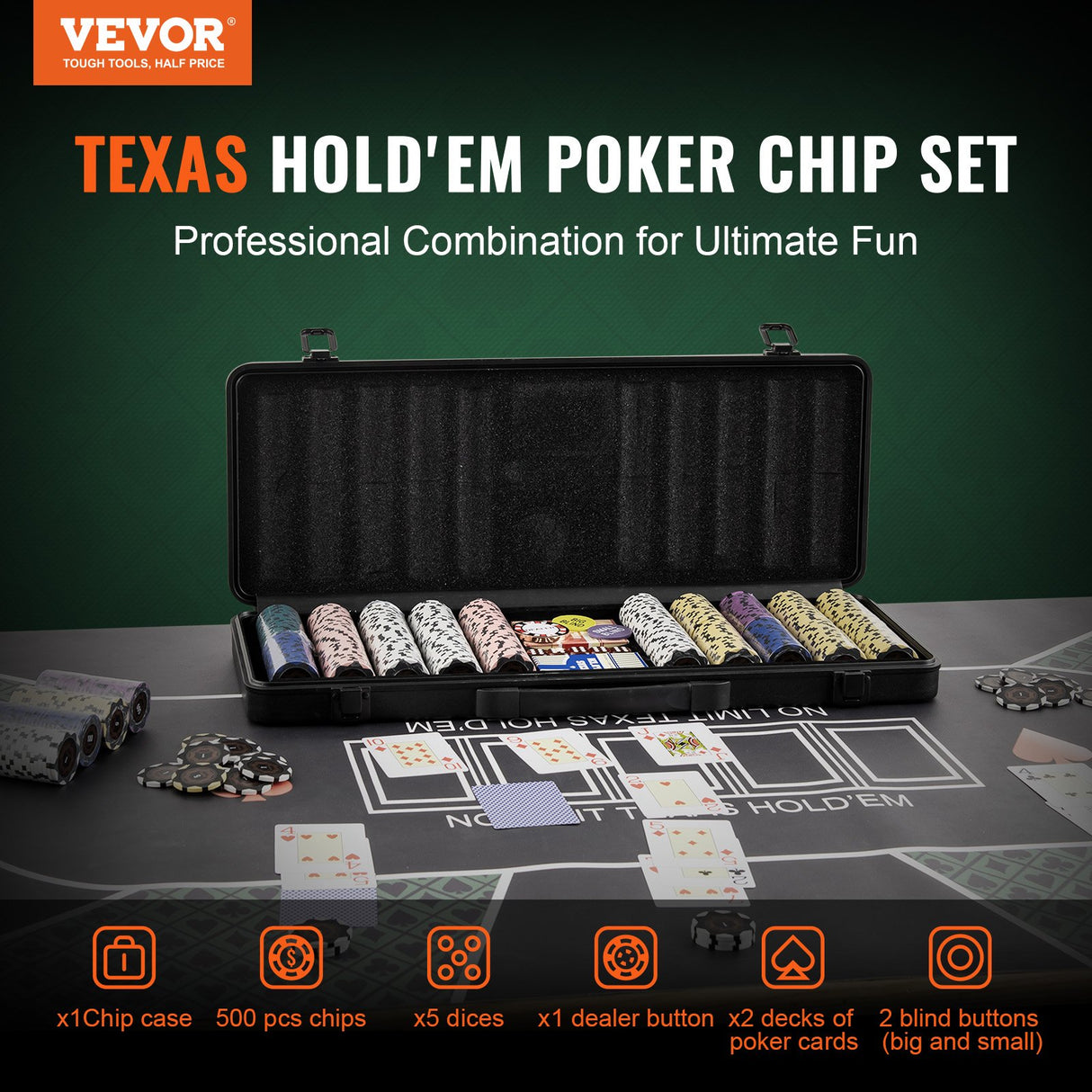 VEVOR Poker Chip Set, 500-Piece Poker Set, Complete Poker Playing Game Set with Carrying Case, Heavyweight 14 Gram Casino Clay Chips, Cards, Buttons