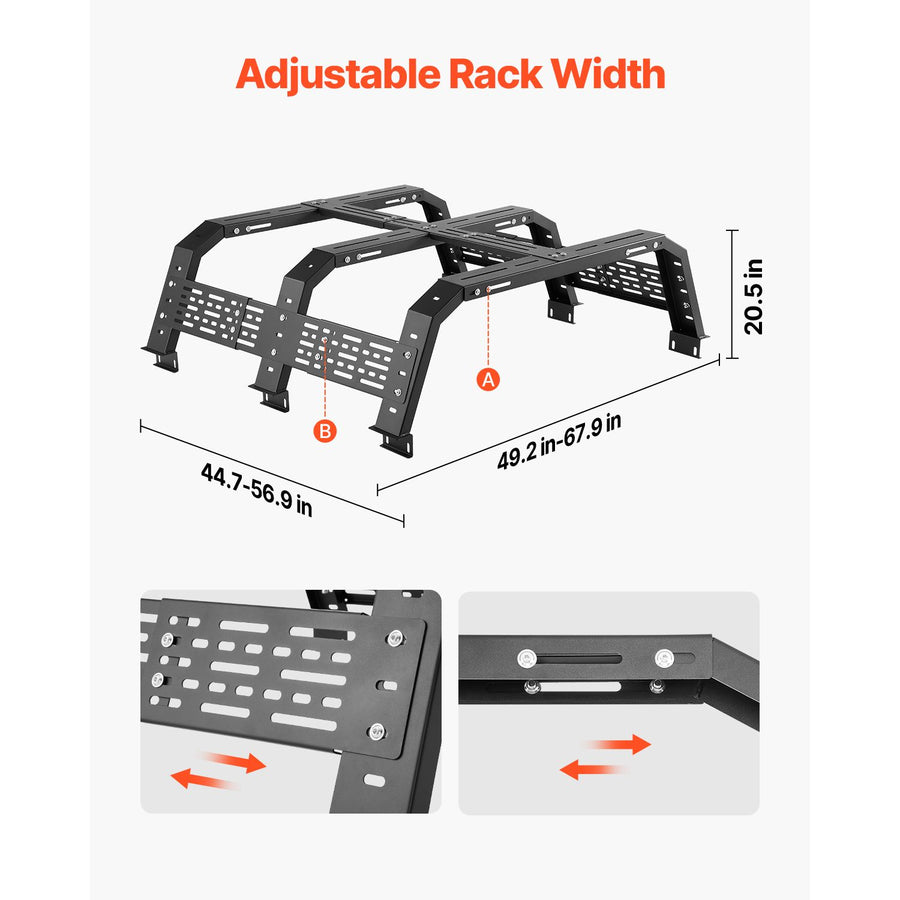 Overland Truck Bed Rack, 125-172.5 cm Width, Adjustable Overland Bed Cargo Rack with Sidebar, 408.2 kg Static Load Capacity, Heavy Duty Steel, for Mid-Size Trucks, Fit Tacoma / Gladiator JT