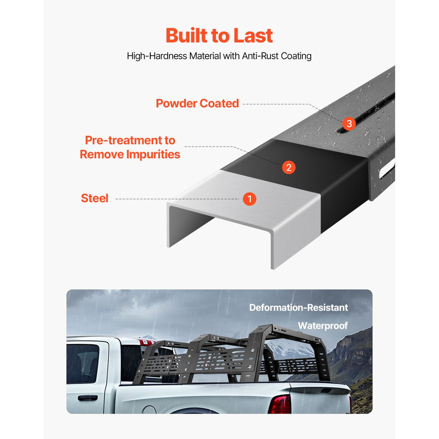 Overland Truck Bed Rack, 125-172.5 cm Width, Adjustable Overland Bed Cargo Rack with Sidebar, 408.2 kg Static Load Capacity, Heavy Duty Steel, for Mid-Size Trucks, Fit Tacoma / Gladiator JT