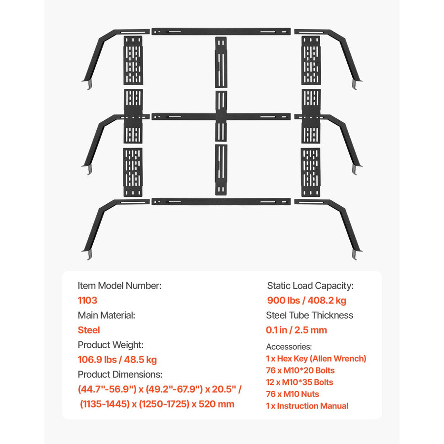Overland Truck Bed Rack, 125-172.5 cm Width, Adjustable Overland Bed Cargo Rack with Sidebar, 408.2 kg Static Load Capacity, Heavy Duty Steel, for Mid-Size Trucks, Fit Tacoma / Gladiator JT