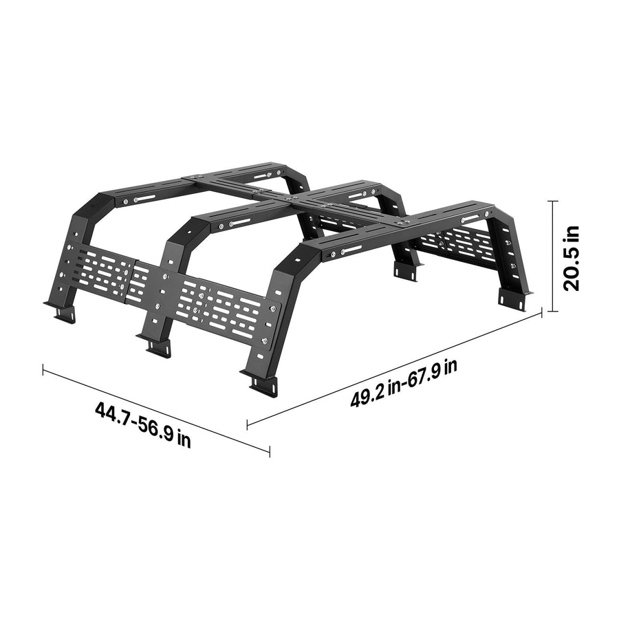 Overland Truck Bed Rack, 125-172.5 cm Width, Adjustable Overland Bed Cargo Rack with Sidebar, 408.2 kg Static Load Capacity, Heavy Duty Steel, for Mid-Size Trucks, Fit Tacoma / Gladiator JT