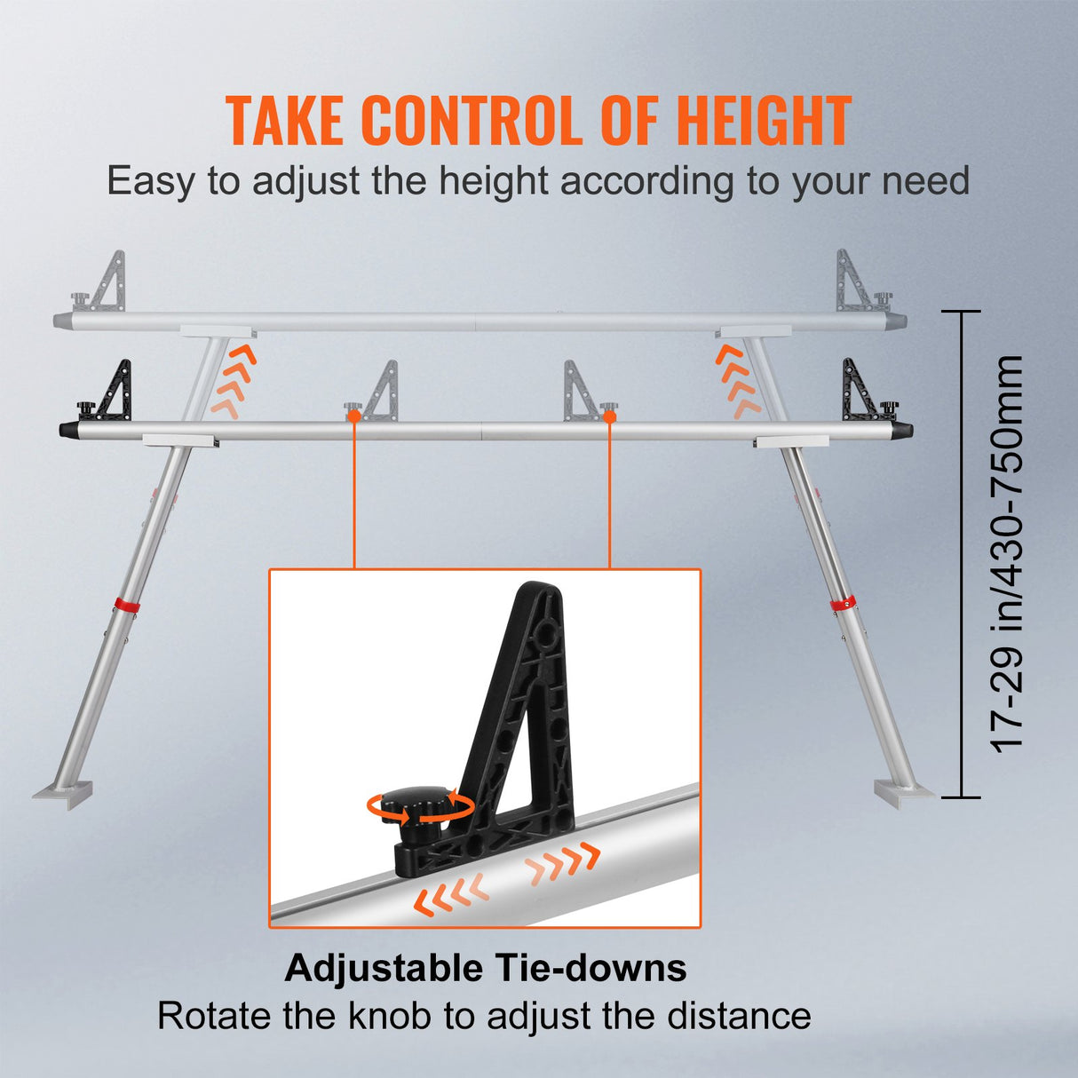 VEVOR Truck Rack, 363lbs Capacity, 19-34in Adjustable Height, Aluminum Ladder Rack for Truck with 8 Non-Drilling C-clamps, Heavy Duty Truck Bed Rack