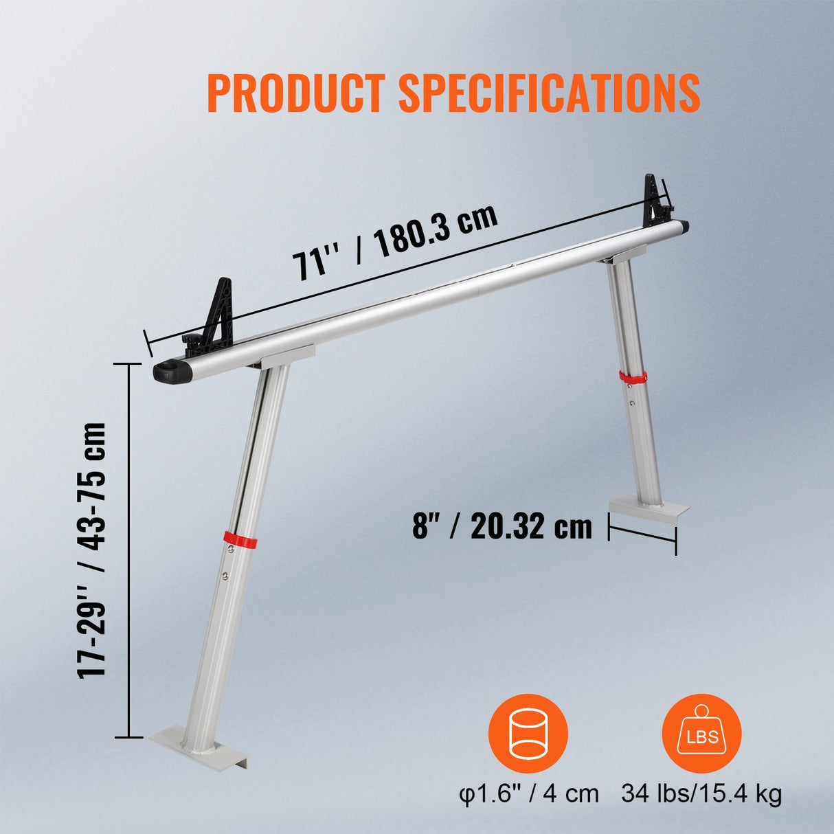 VEVOR Truck Rack, 363lbs Capacity, 19-34in Adjustable Height, Aluminum Ladder Rack for Truck with 8 Non-Drilling C-clamps, Heavy Duty Truck Bed Rack