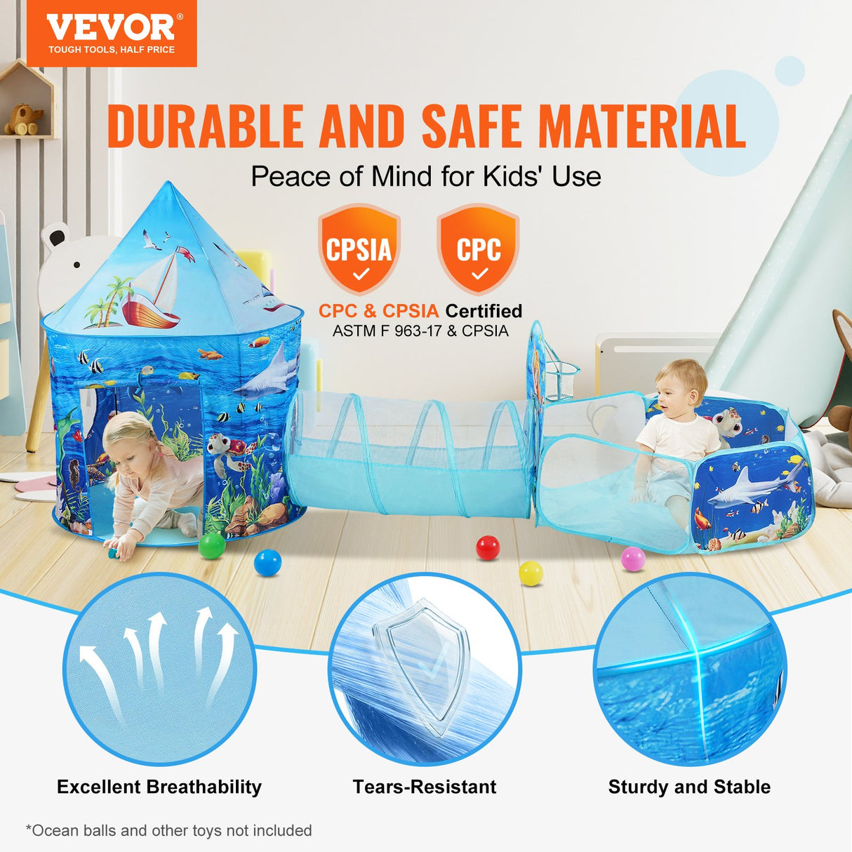VEVOR 3 in 1 Kids Play Tent with Tunnel, Basketball Hoop for Boys, Girls, Babies and Toddlers, Indoor/Outdoor Pop Up Playhouse with Carrying Bag &