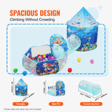 VEVOR 3 in 1 Kids Play Tent with Tunnel, Basketball Hoop for Boys, Girls, Babies and Toddlers, Indoor/Outdoor Pop Up Playhouse with Carrying Bag & Banding Straps Birthday Gifts, Blue Ocean - Side View