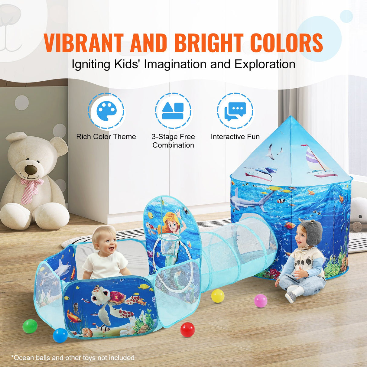 VEVOR 3 in 1 Kids Play Tent with Tunnel, Basketball Hoop for Boys, Girls, Babies and Toddlers, Indoor/Outdoor Pop Up Playhouse with Carrying Bag &