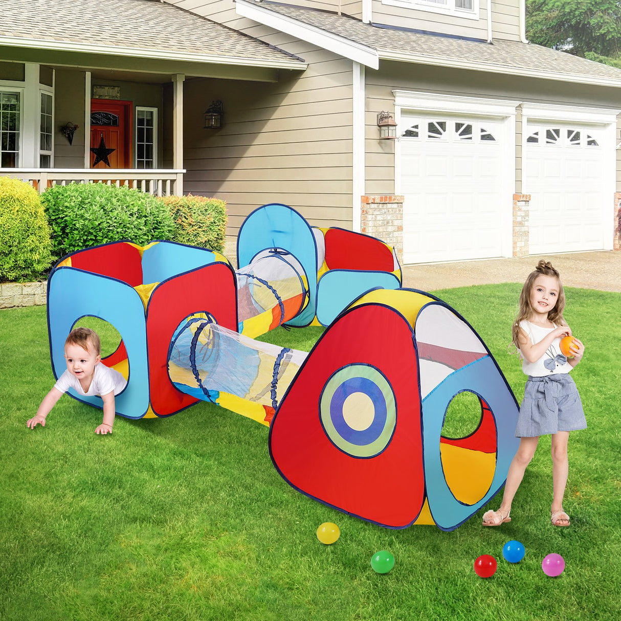 VEVOR 5 in 1 Kids Play Tent with Tunnel, Basketball Hoop for Boys, Girls, Babies and Toddlers, Indoor/Outdoor Pop Up Playhouse with Carrying Bag &