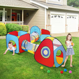 VEVOR 5 in 1 Kids Play Tent with Tunnel, Basketball Hoop for Boys, Girls, Babies and Toddlers, Indoor/Outdoor Pop Up Playhouse with Carrying Bag & Banding Straps Birthday Gifts, Red/Yellow/Blue - Low Angle