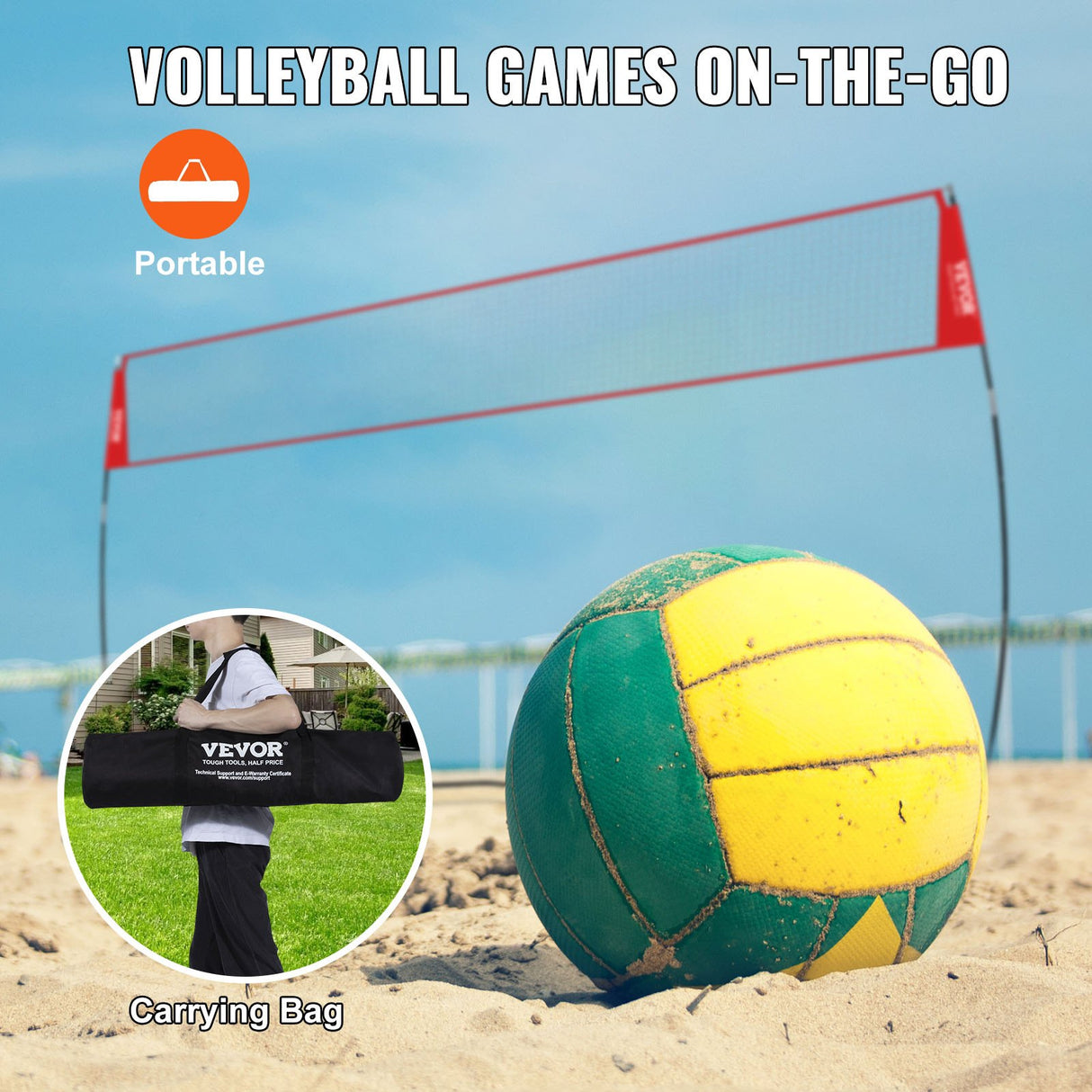 VEVOR Freestanding Volleyball Training Net for Indoor or Outdoor Use, Adjustable Height Portable Net
