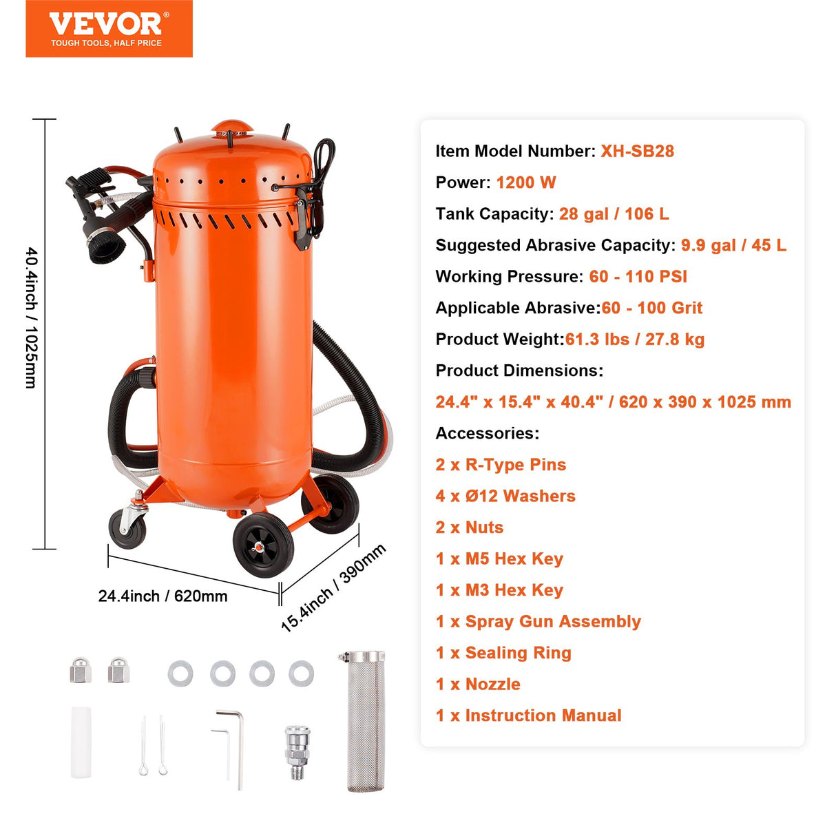 VEVOR 28 Gallon Vacuum Sand Blaster, Dustless Sandblaster with Built-in 1200W Vacuum System for Dust Control and Abrasive Recycle, 60-110 PSI Heavy