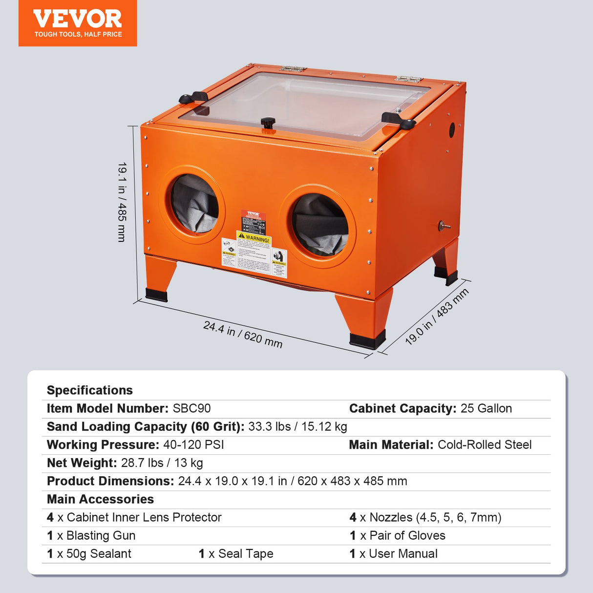VEVOR 25 Gallon Sandblasting Cabinet, 40-120PSI Portable Benchtop Sand Blasting Cabinet, Heavy Duty Steel Sand Blaster with Blasting Gun & 4 Ceramic