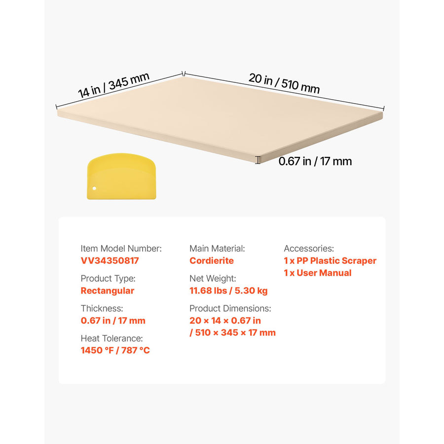 Pizza Stone, 508 x 355 mm Rectangular Cordierite Pizza Stone, Extra Large Baking-Stone with PP Scraper, 17 mm Thick Heat-Resistant Cordierite, for Oven, Baking Bread & Pizzas, BBQ Grilling