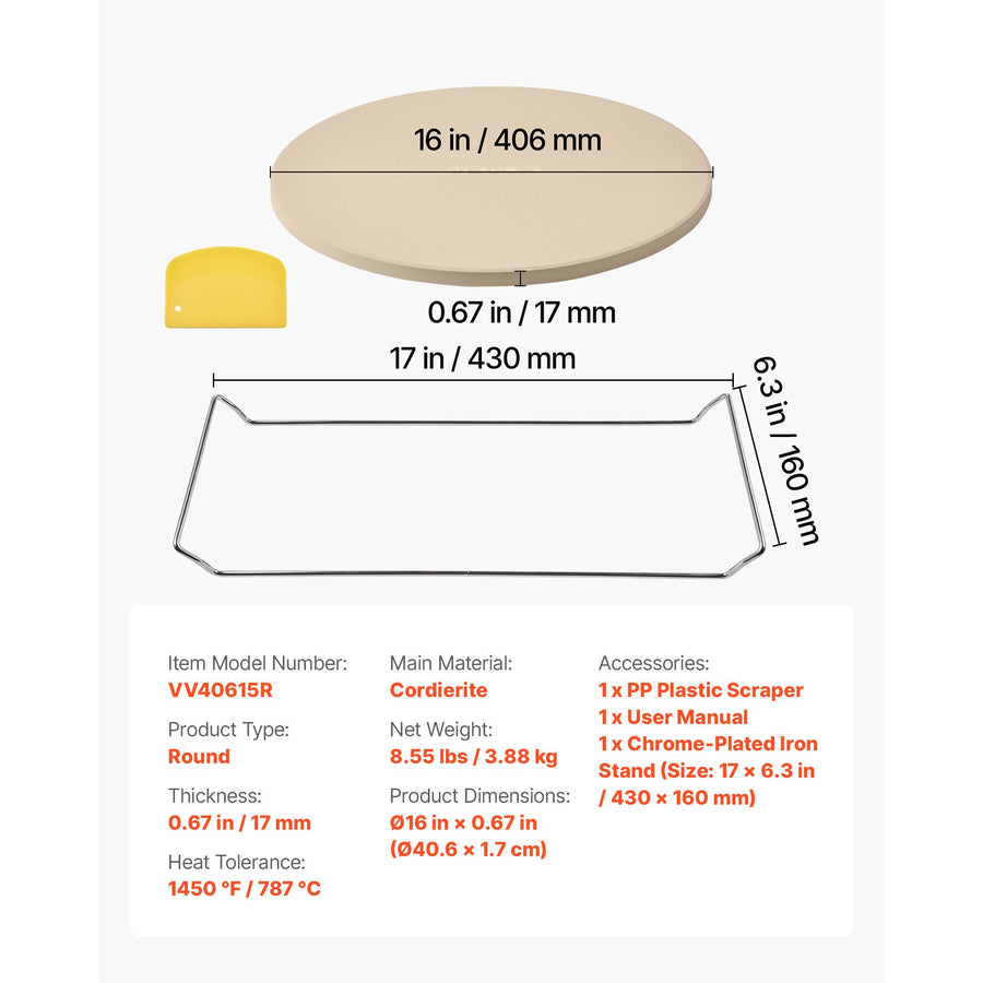 Pizza Stone, 406 mm Round Cordierite Pizza Stone, Extra Large Baking-Stone with a Durable Stand, 17 mm Thickness Heat-Resistant Cooking Cordierite, for Kitchen Oven, Baking Pizzas, BBQ Grilling