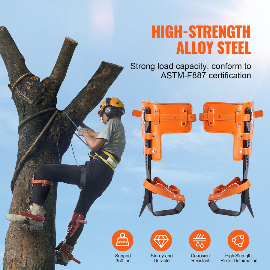 Tree Climbing Spikes Set, 1 Pair Alloy Steel Climbing Spurs with Safety Rope and Safety Harness, 350lbs Load Capacity Tree Climbing Gear, Arborist Equipment for Climbers, Fruit Picking, Orange