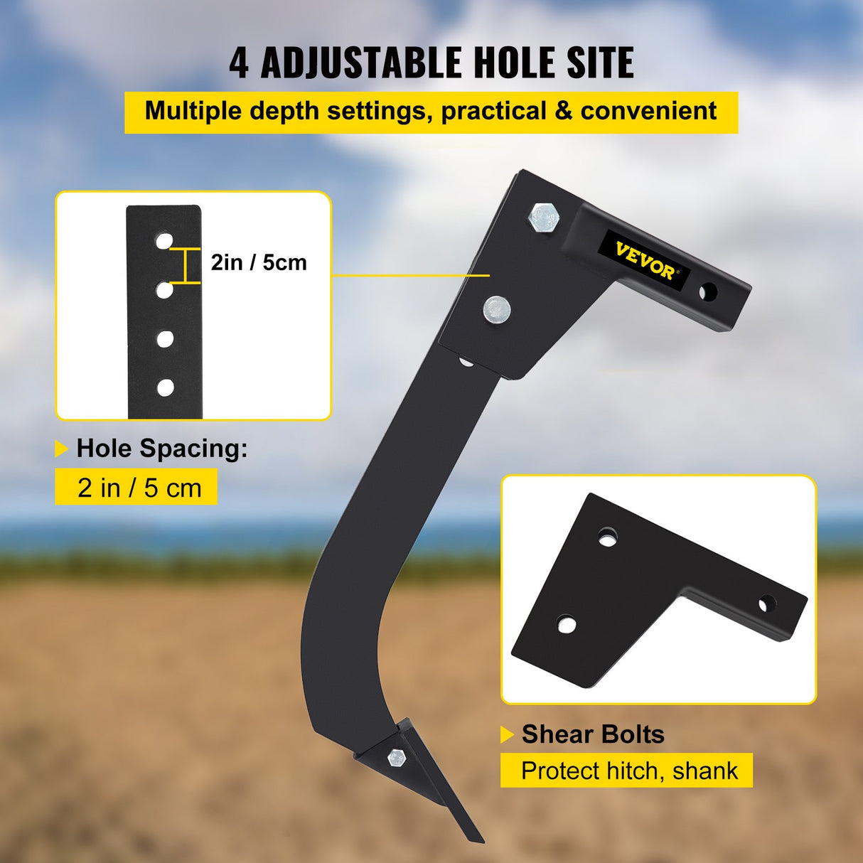 VEVOR Hitch Mounted Ripper, 40.6cm Shank Length Box Scraper Shank, 4 Hole Site Box Blade for Tractor, 2 Locating Pins Ripper Shank, 2 Plough Tips Box