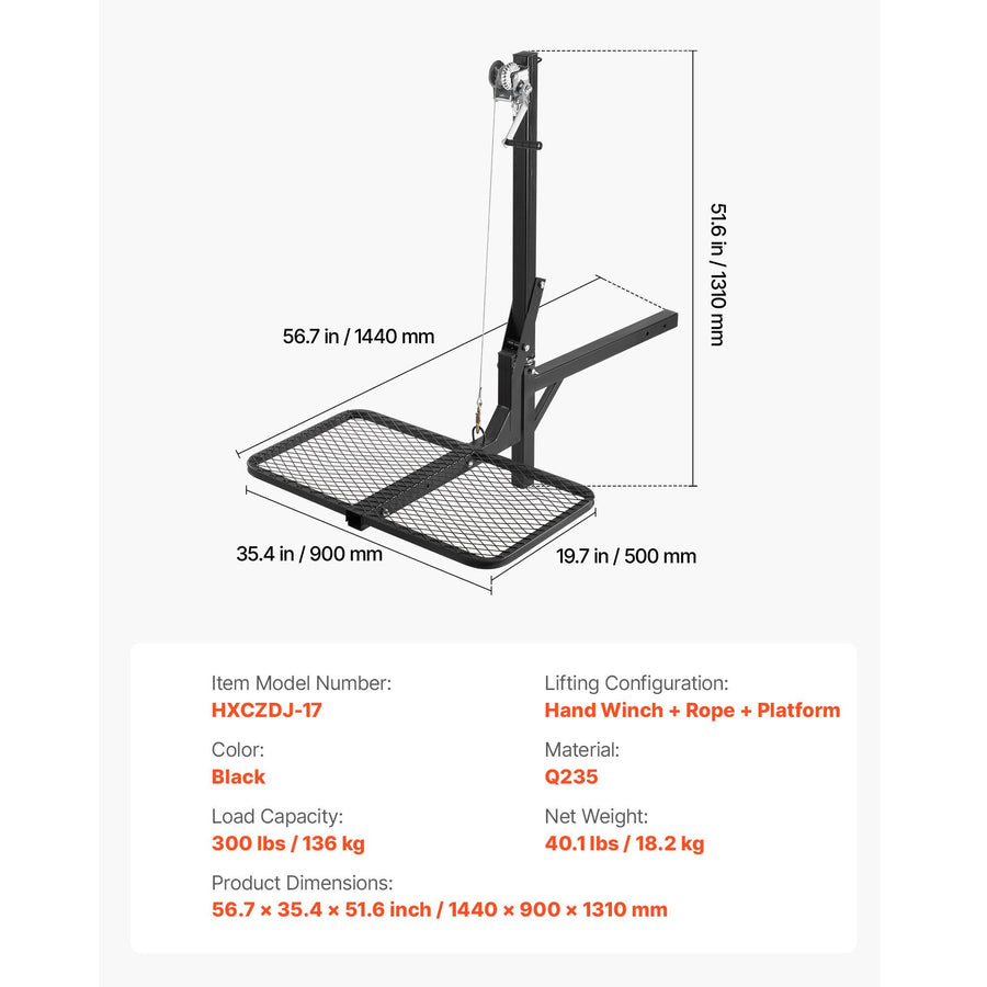 Hitch Deer Hoist with Lifting System Platform, 300 lbs Load Capacity, Game Hoist Winch Lift with 2-inch Receiver, 360-Degree Swivel Shaft & Foldable, Hitch-Mounted Deer Hanger for Moving Game