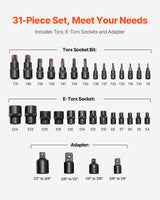 Torx Bit Socket and External Torx Socket Set 31-Piece T8-T70 and E4-E24 Steel - Side View