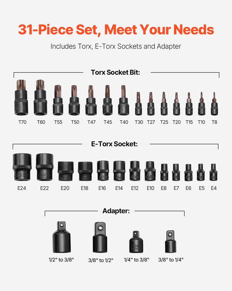 Torx Bit Socket and External Torx Socket Set 31-Piece T8-T70 and E4-E24 Steel