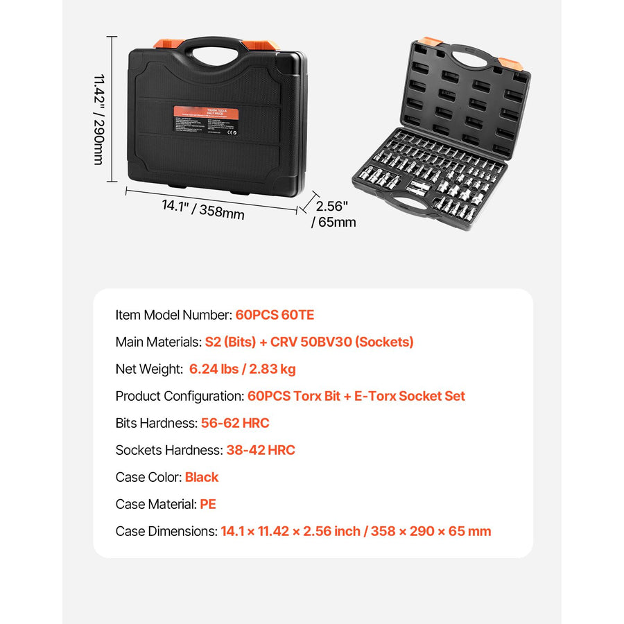 Torx Bit Socket and External Torx Socket Set, 60-Piece T6-T70, TT6-TT70, TP8-TP60, E4-E24, S2 Alloy Steel and Cr-V Steel, 1/4 in, 3/8 in, and 1/2 in Drives, with Enhanced Storage Case, Hand Use