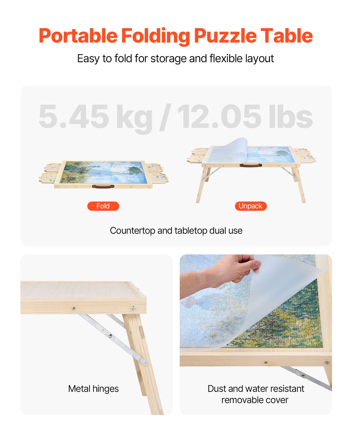 VEVOR 1500 Piece Puzzle Board with Folding Leg Portable Wooden Jigsaw 86x63cm