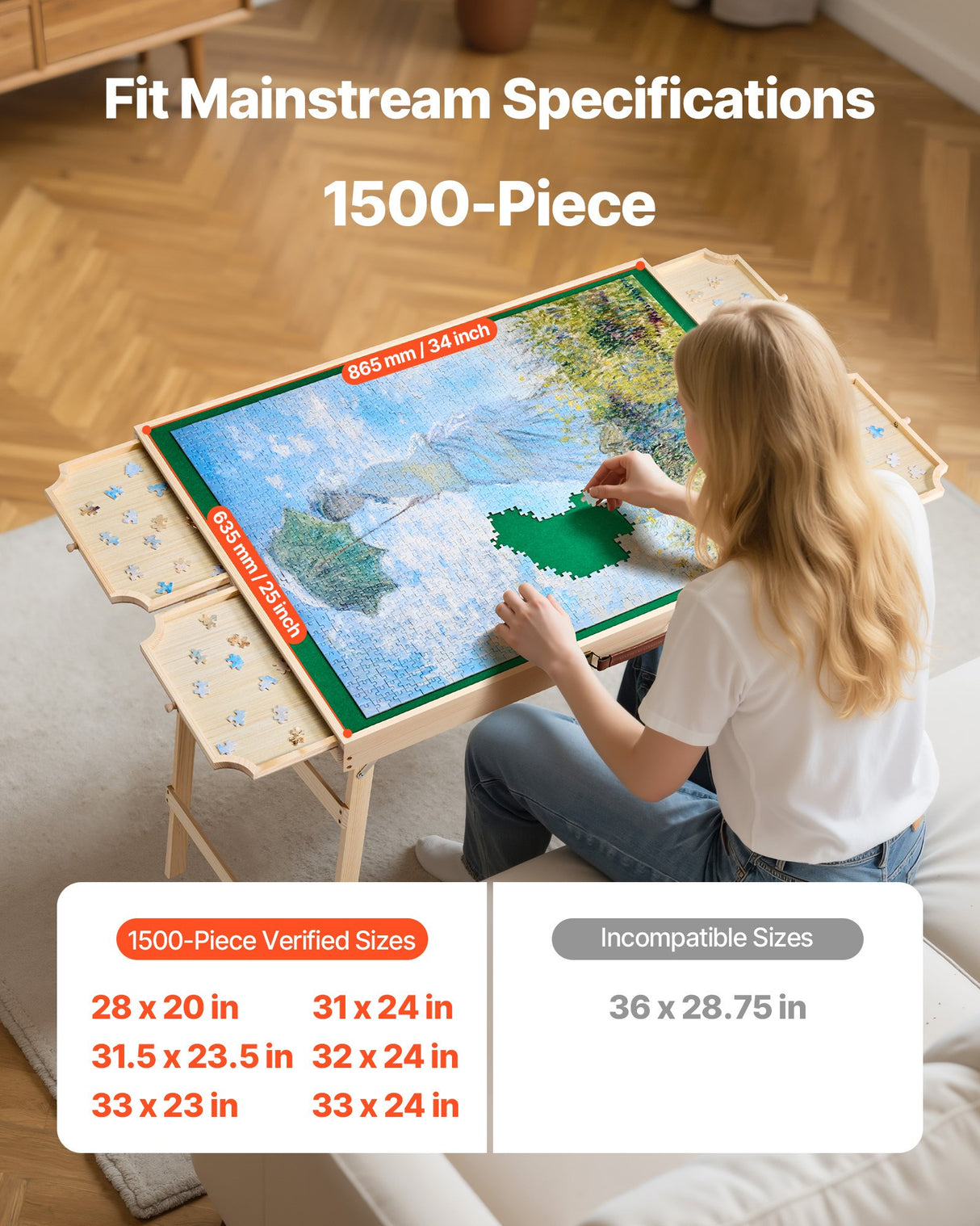 VEVOR 1500 Piece Puzzle Board with Folding Leg Portable Wooden Jigsaw 86x63cm
