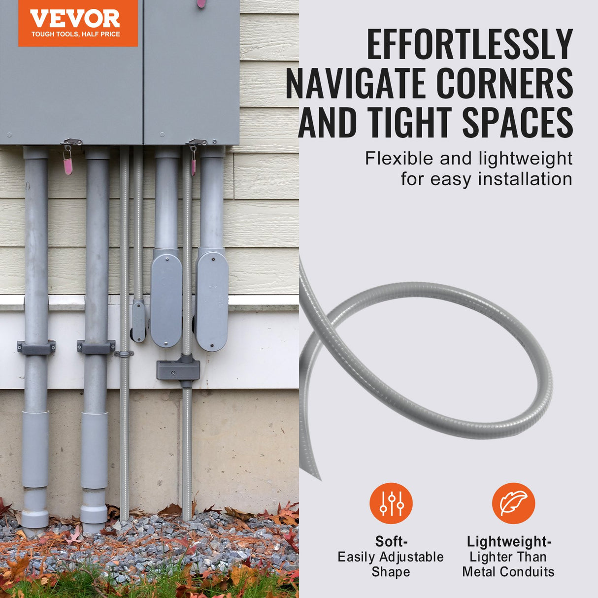 VEVOR 12.7 mm Flexible Electrical Conduit, 30.5 m, PVC Liquid-Tight Conduit Non-Metallic with 5 Straight and 5 90-Degree Conduit Connector Fittings,