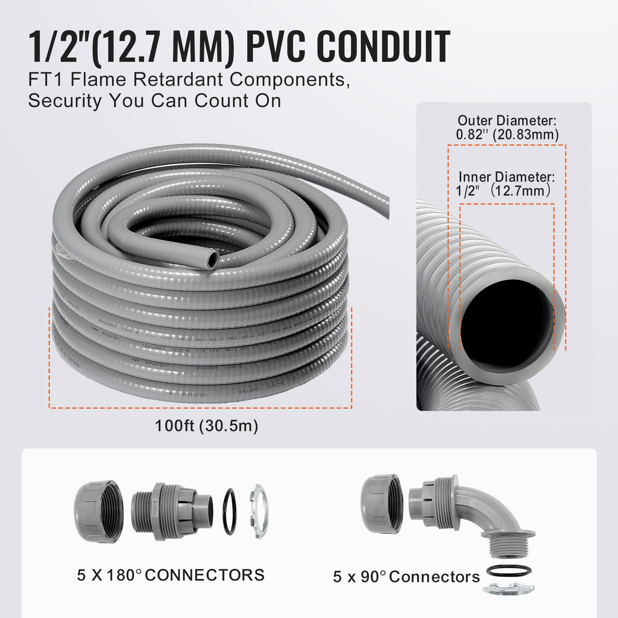VEVOR 12.7 mm Flexible Electrical Conduit, 30.5 m, PVC Liquid-Tight Conduit Non-Metallic with 5 Straight and 5 90-Degree Conduit Connector Fittings,