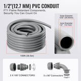VEVOR 12.7 mm Flexible Electrical Conduit, 30.5 m, PVC Liquid-Tight Conduit Non-Metallic with 5 Straight and 5 90-Degree Conduit Connector Fittings,