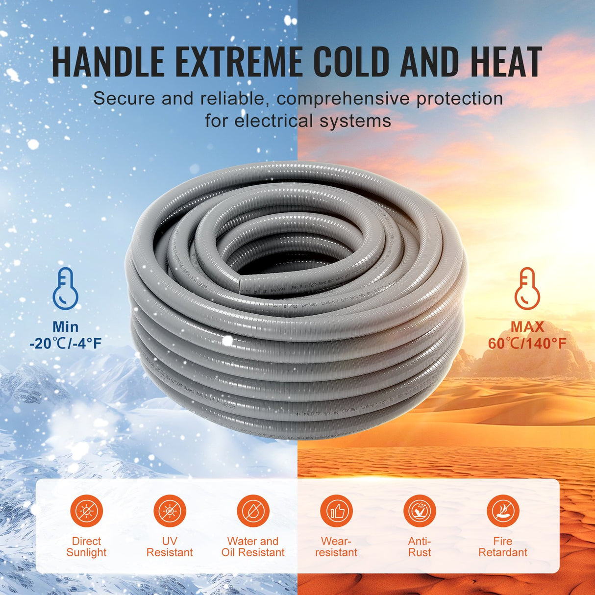 VEVOR 12.7 mm Flexible Electrical Conduit, 30.5 m, PVC Liquid-Tight Conduit Non-Metallic with 5 Straight and 5 90-Degree Conduit Connector Fittings,