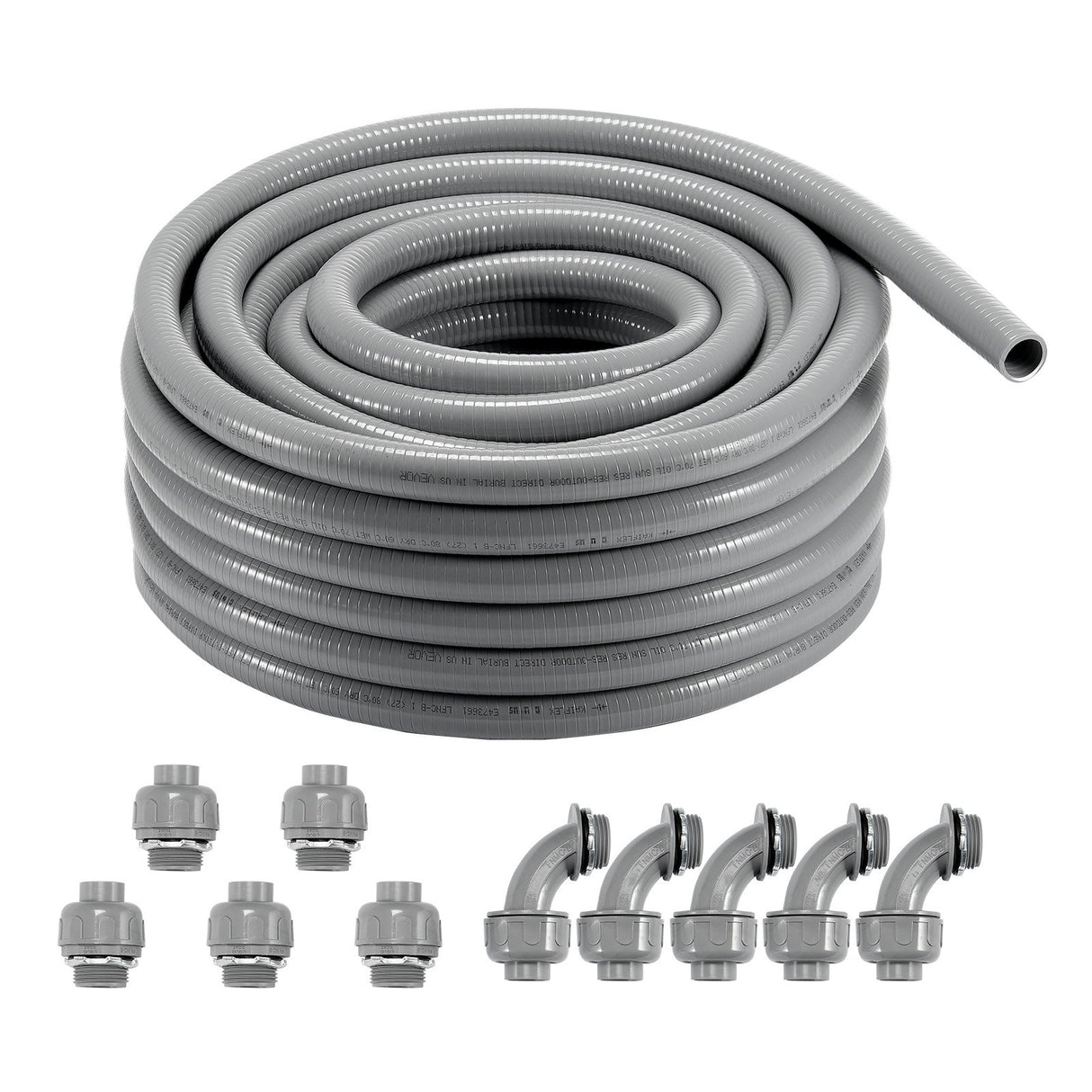 VEVOR 12.7 mm Flexible Electrical Conduit, 30.5 m, PVC Liquid-Tight Conduit Non-Metallic with 5 Straight and 5 90-Degree Conduit Connector Fittings,