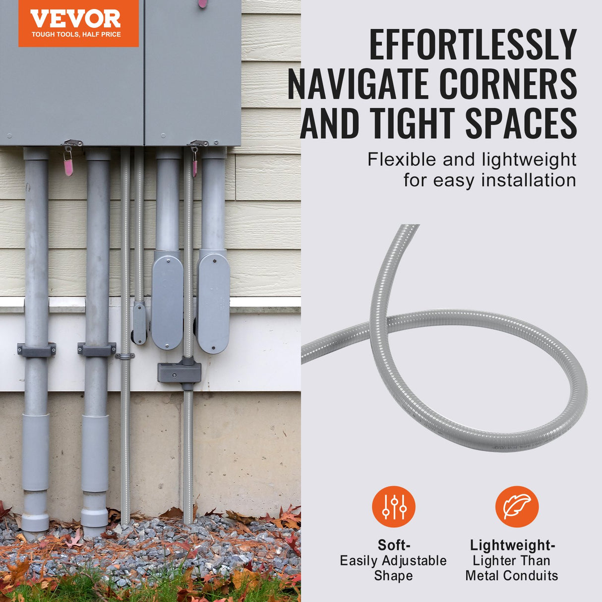 VEVOR 25.4 mm Flexible Electrical Conduit, 30.5 m, PVC Liquid-Tight Conduit Non-Metallic with 5 Straight and 5 90-Degree Conduit Connector Fittings,