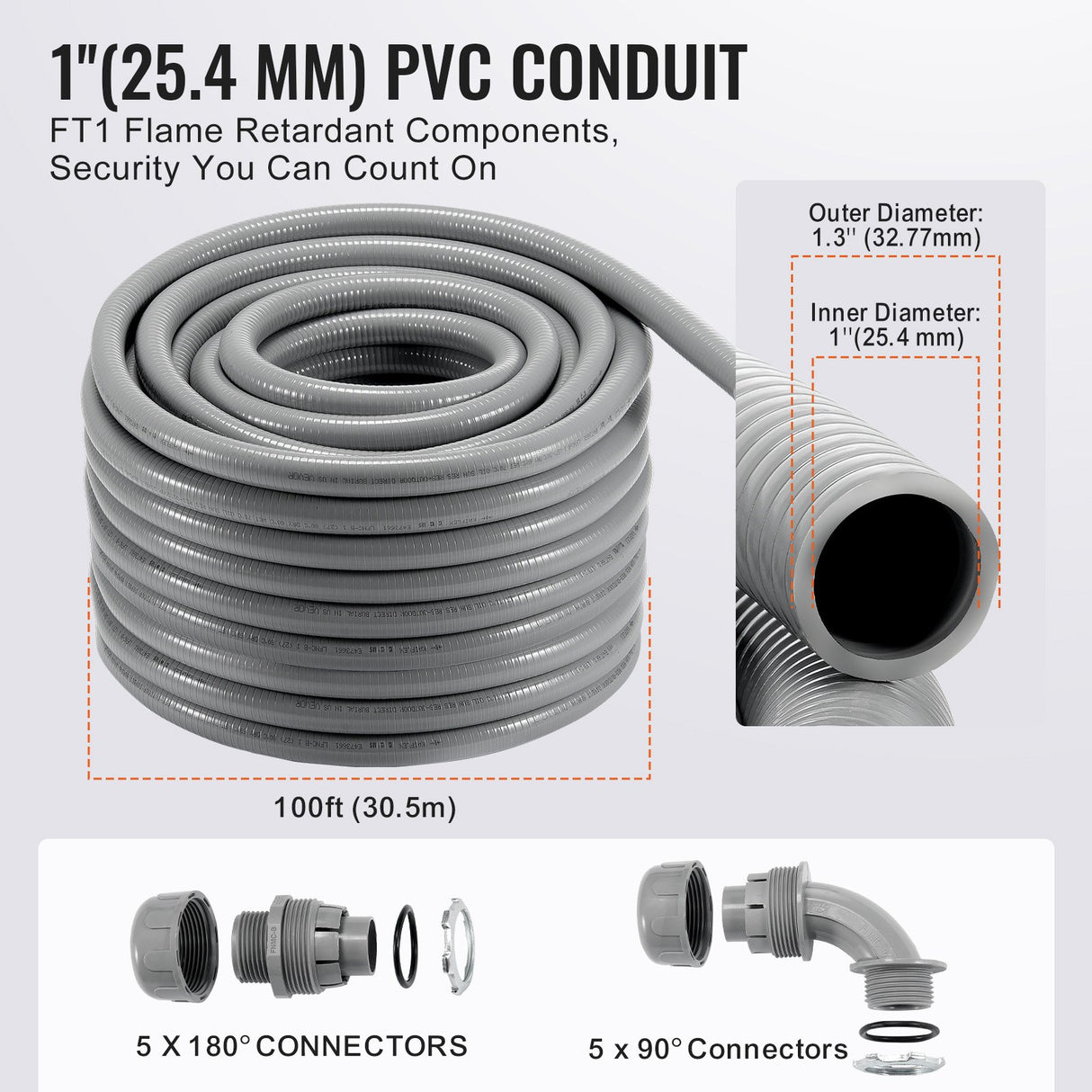VEVOR 25.4 mm Flexible Electrical Conduit, 30.5 m, PVC Liquid-Tight Conduit Non-Metallic with 5 Straight and 5 90-Degree Conduit Connector Fittings,