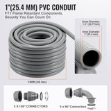 VEVOR 25.4 mm Flexible Electrical Conduit, 30.5 m, PVC Liquid-Tight Conduit Non-Metallic with 5 Straight and 5 90-Degree Conduit Connector Fittings,