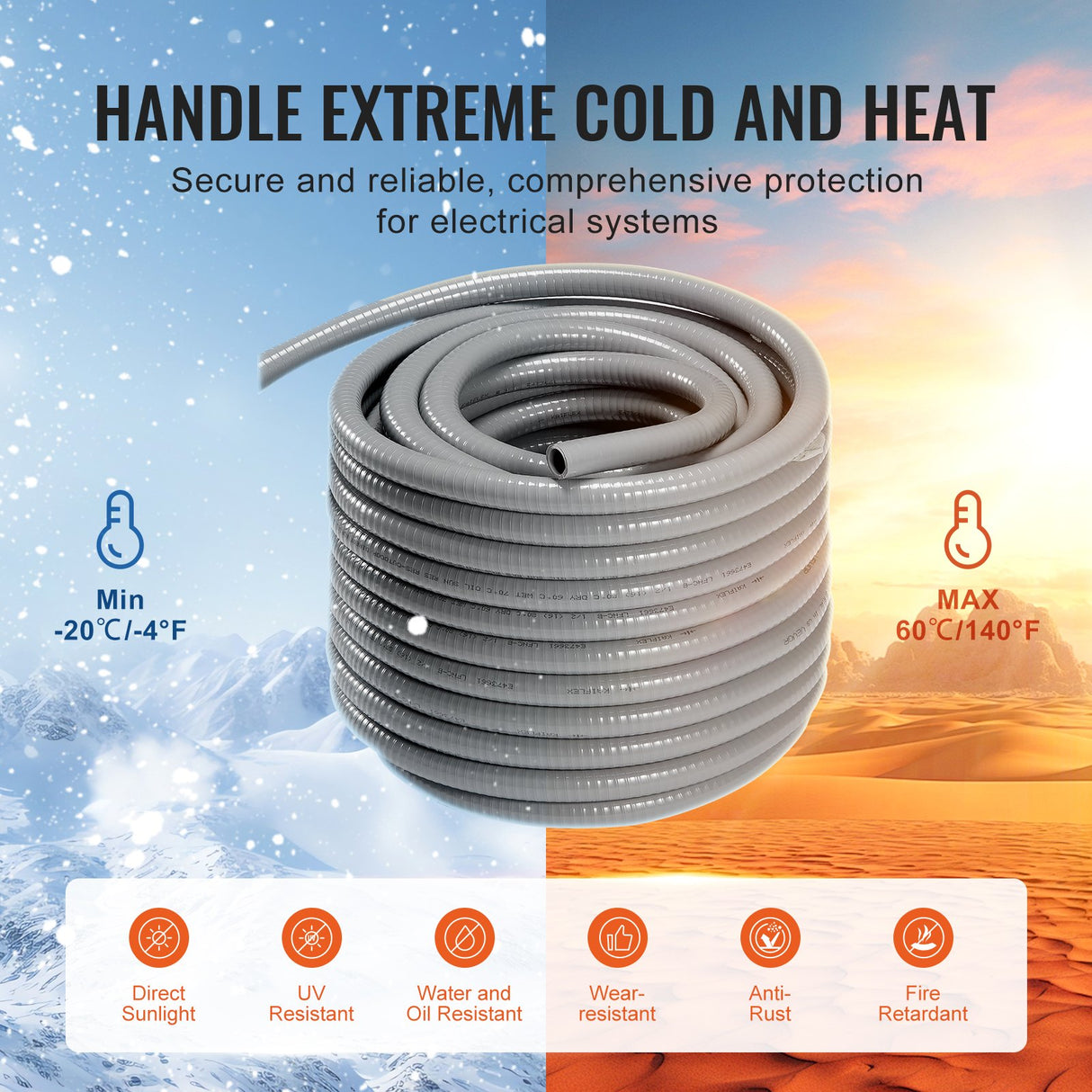 VEVOR 25.4 mm Flexible Electrical Conduit, 30.5 m, PVC Liquid-Tight Conduit Non-Metallic with 5 Straight and 5 90-Degree Conduit Connector Fittings,