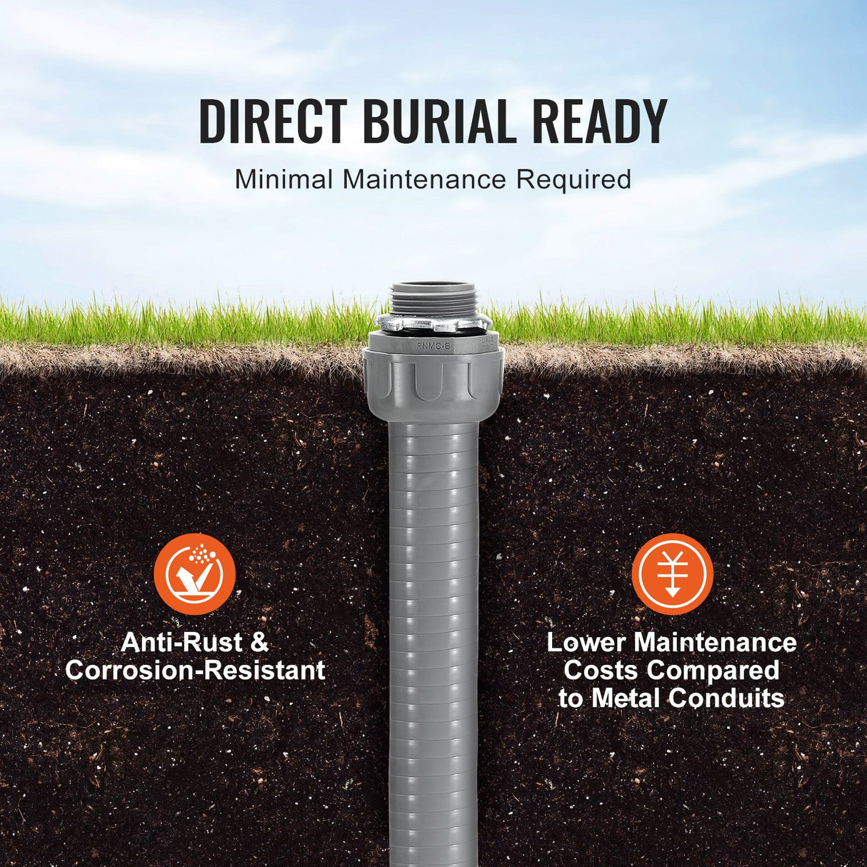 VEVOR 25.4 mm Flexible Electrical Conduit, 30.5 m, PVC Liquid-Tight Conduit Non-Metallic with 5 Straight and 5 90-Degree Conduit Connector Fittings,