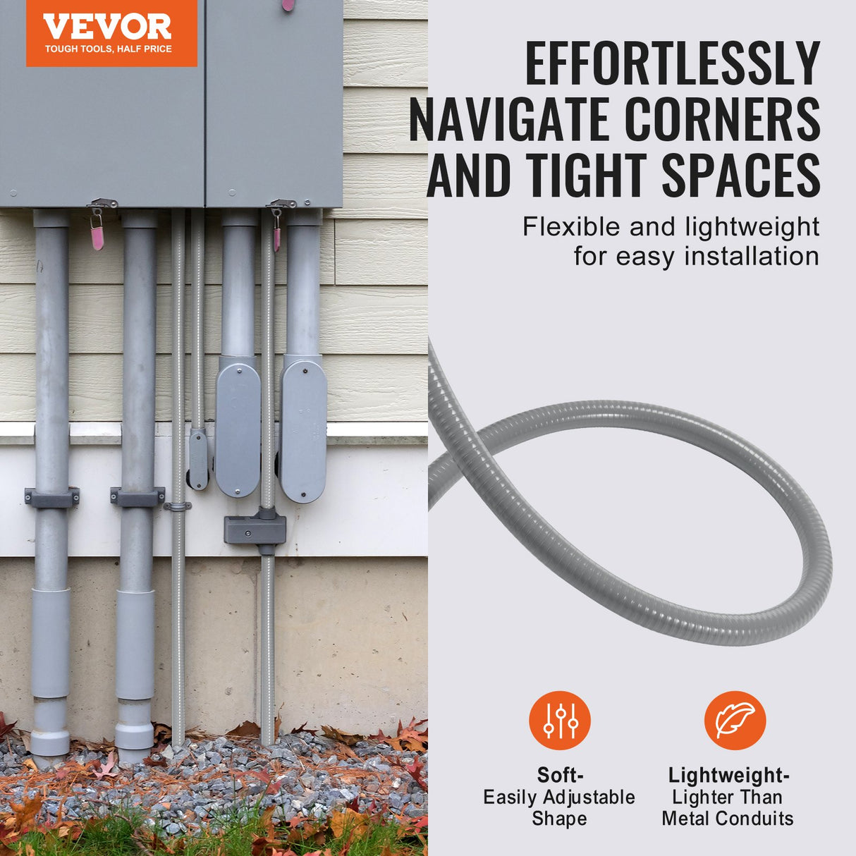 VEVOR 19.1 mm Flexible Electrical Conduit, 30.5 m, PVC Liquid-Tight Conduit Non-Metallic with 5 Straight and 5 90-Degree Conduit Connector Fittings,