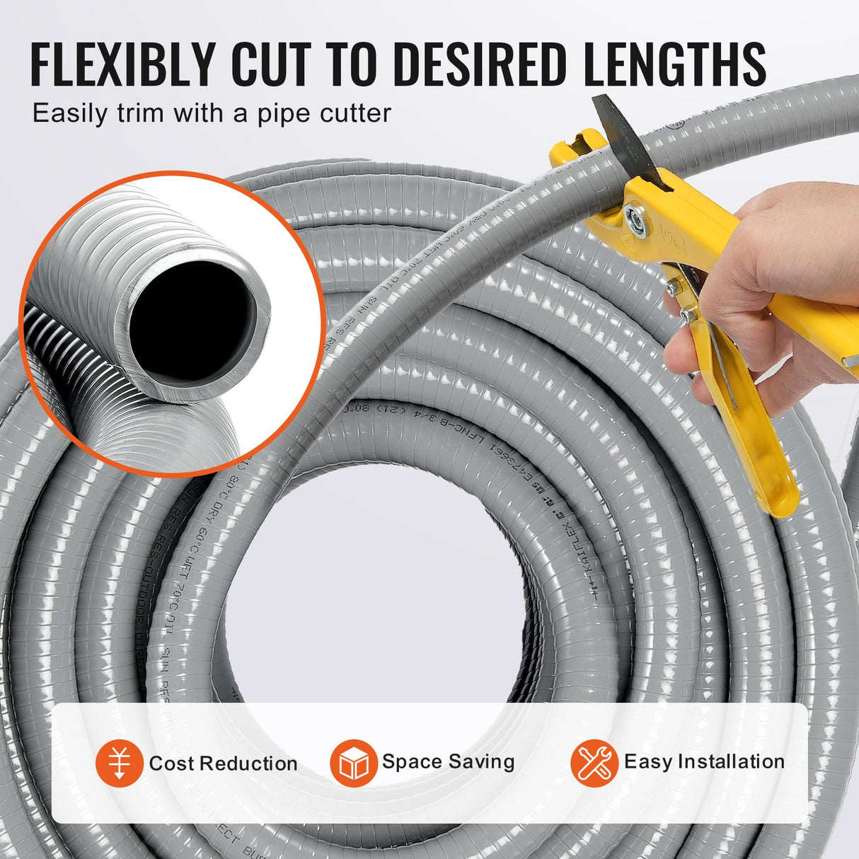 VEVOR 19.1 mm Flexible Electrical Conduit, 30.5 m, PVC Liquid-Tight Conduit Non-Metallic with 5 Straight and 5 90-Degree Conduit Connector Fittings,