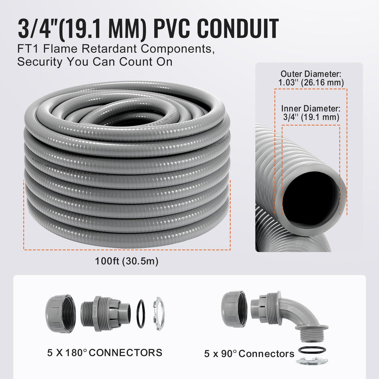VEVOR 19.1 mm Flexible Electrical Conduit, 30.5 m, PVC Liquid-Tight Conduit Non-Metallic with 5 Straight and 5 90-Degree Conduit Connector Fittings,