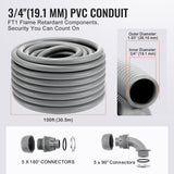 VEVOR 19.1 mm Flexible Electrical Conduit, 30.5 m, PVC Liquid-Tight Conduit Non-Metallic with 5 Straight and 5 90-Degree Conduit Connector Fittings,