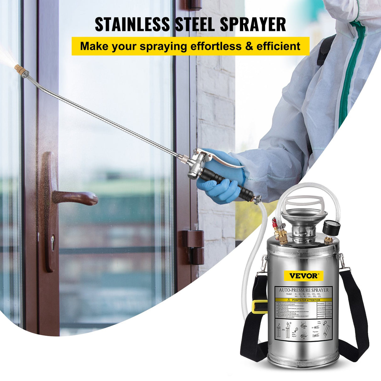 VEVOR 1.5Gal Stainless Steel Sprayer, Set with 16" Wand& Handle& 3.3FT Reinforced Hose, Hand Pump Sprayer with Pressure Gauge&Safety Valve, Adjustable Nozzle Suitable for Gardening& Sanitizing