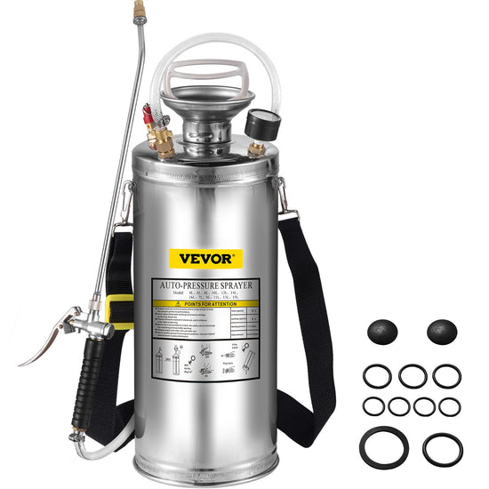 VEVOR 2Gal Stainless Steel Sprayer, Set with 20" Wand& Handle& 3FT Reinforced Hose, Hand Pump Sprayer with Pressure Gauge&Safety Valve, Adjustable