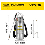 VEVOR 2Gal Stainless Steel Sprayer, Set with 20\" Wand& Handle& 3FT Reinforced Hose, Hand Pump Sprayer with Pressure Gauge&Safety Valve, Adjustable Nozzle Suitable for Gardening and Sanitizing