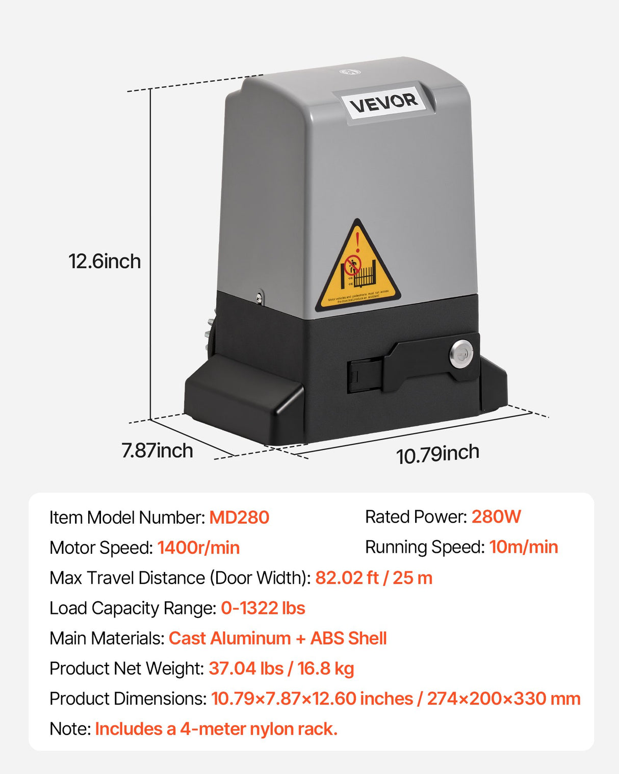 VEVOR 280W Electric Sliding Gate Opener 816kg Chain Drive Infrared Sensor