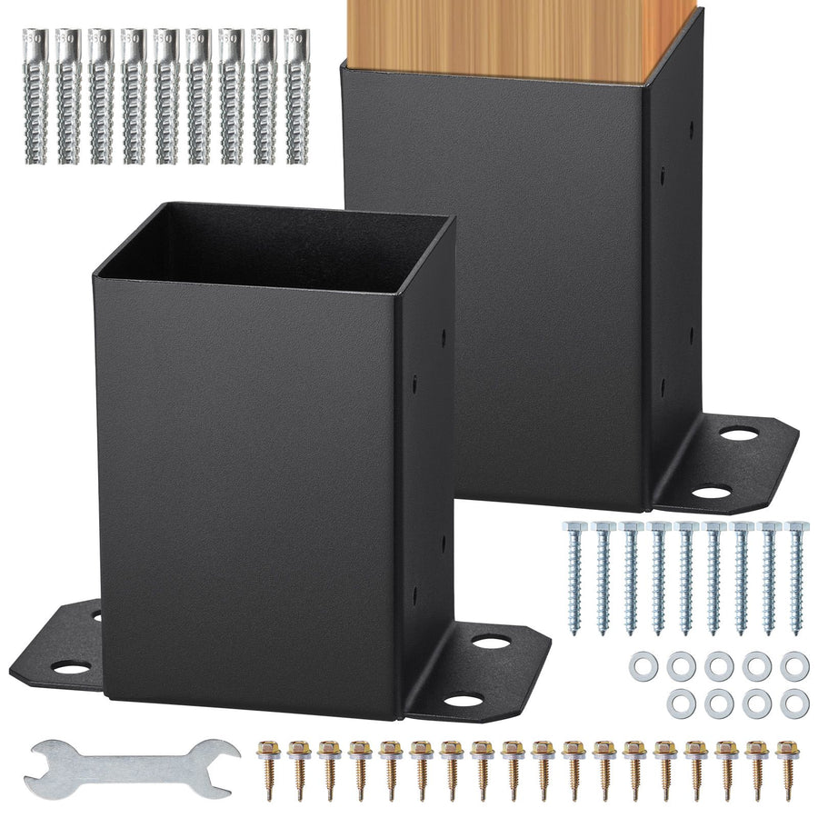 101.6x101.6mm Post Base 2 Pcs, Inner Size 91x91 Post Base Brackets, Heavy Duty Powder-Coated Post Anchor Matte Black Wood Post Brackets for Pavilion Deck Railing Support Deck Base Plate