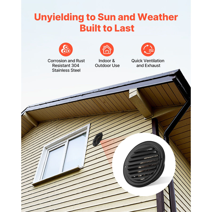 145 mm Wall Vent Cover, Louvered Round AC Vent Gable Cover, Premium Stainless Steel & with Built-in a Protection Screen, for House,Bathroom,Garage,Kitchen,Basement (2 Pack, Black)