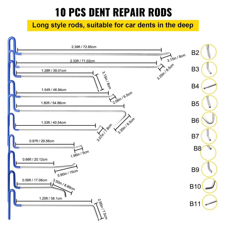 Rods Dent Puller Stainless Steel Paintless Repair Kits Hail Removal 20PCS