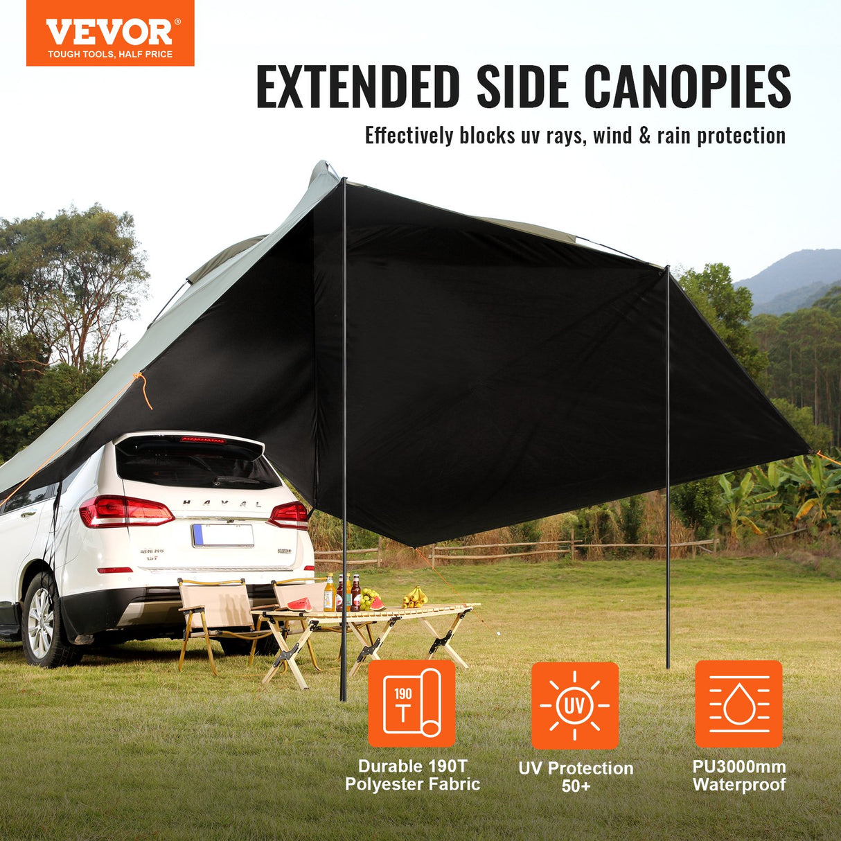 VEVOR Vehicle Awning, Large 10' x 7' Shade Coverage Car Side Awning, PU2000mm UV50+ Car Awning with Extended Side Canopies and Portable Storage Bag,